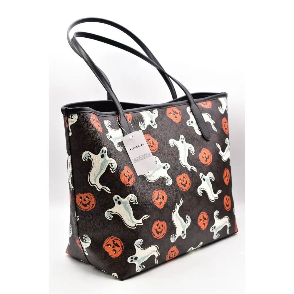 Coach City Tote Bag In Signature Canvas With Halloween Print Pumpkin Ghost NWT